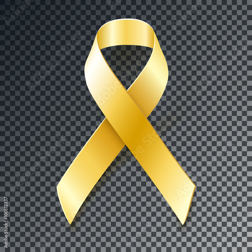 Gold ribbon with transparent shadow. Childhood Cancer Awareness  design element isolated on dark background