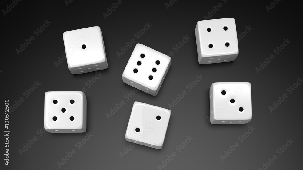 Six white dices with one to six numbers, isolated on black background Six white dices with one to six numbers, isolated on black background