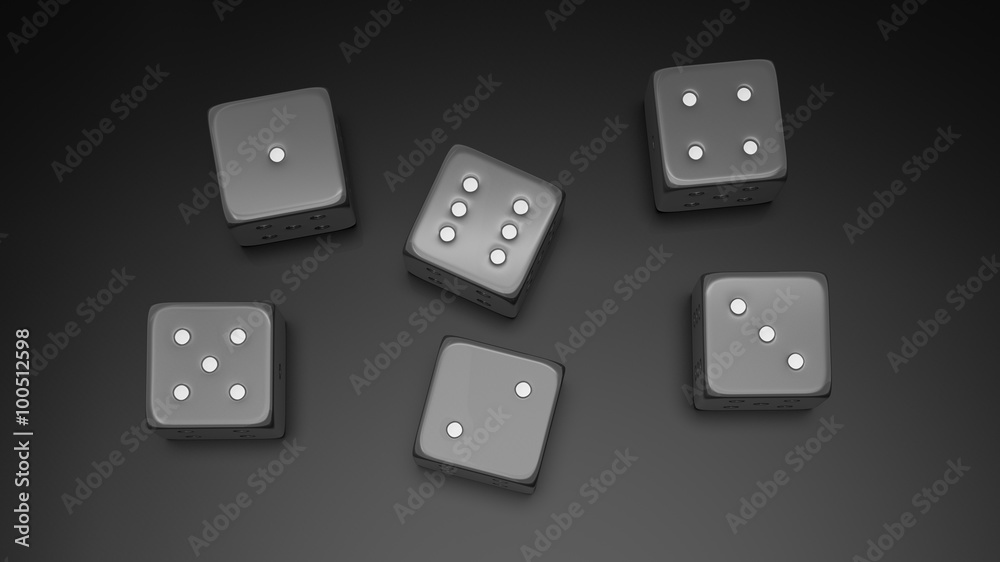 Six black dices with one to six numbers, isolated on black background Six black dices with one to six numbers, isolated on black background