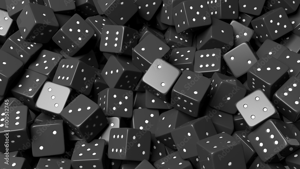 Abstract conceptual background with pile of random black dices, top view. Abstract conceptual background with pile of random black dices, top view.