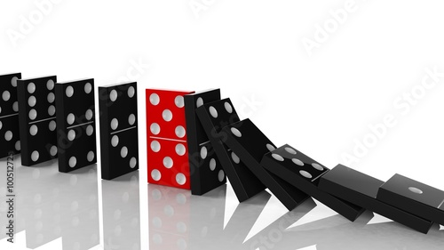 Obraz na plátně Black domino tiles in a row about to fall with red one standing on the way, on w