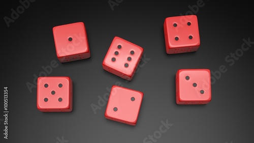 Six red dices with one to six numbers  isolated on black background
