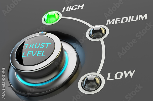 Highest level of trust concept, web interface switch button pointing to the green indicator with item high on black background