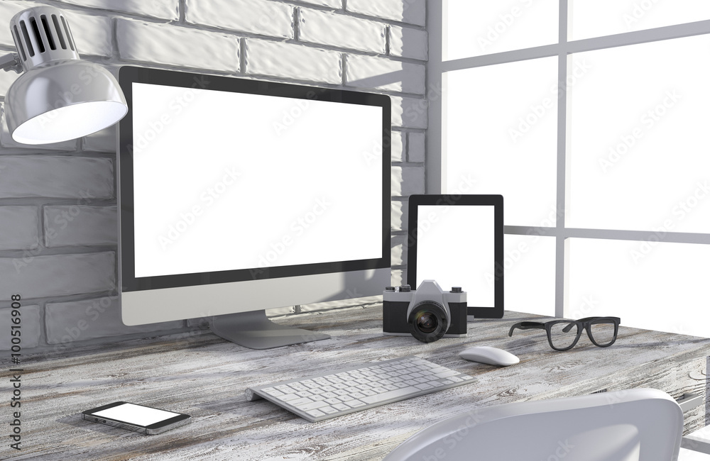 Fototapeta premium 3D illustration PC screen on table in office, Workspace