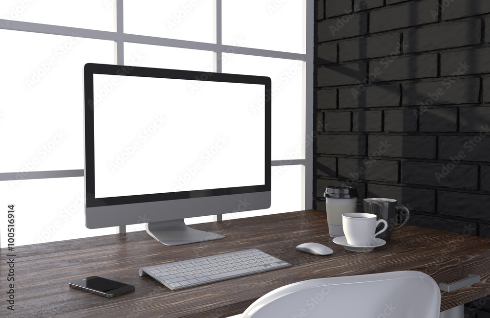 Fototapeta premium 3D illustration PC screen on table in office, Workspace