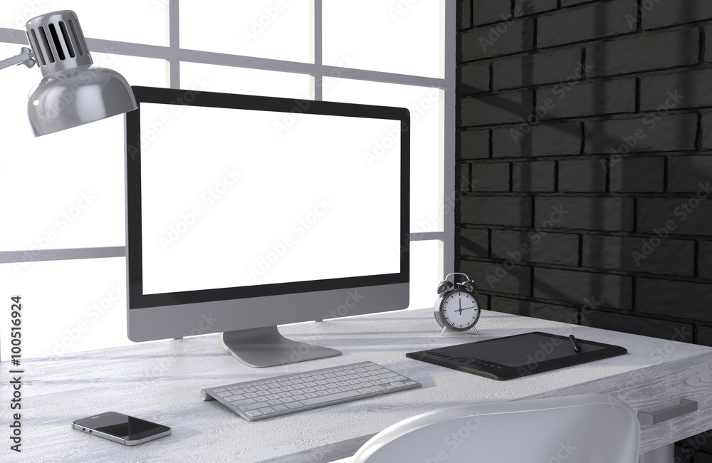Fototapeta premium 3D illustration PC screen on table in office, Workspace