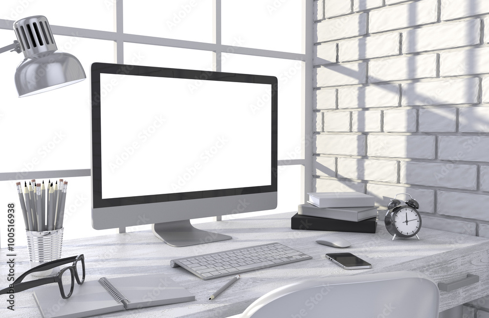 3D illustration PC screen on table in office, Workspace 3D illustration PC screen on table in office, Workspace
