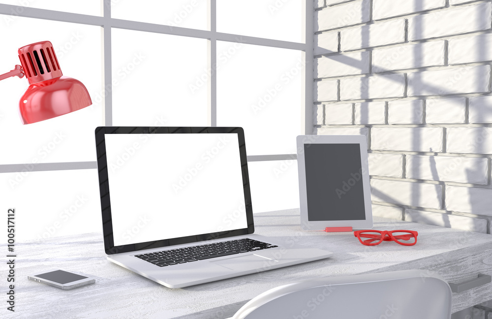 3D illustration laptop and work stuff on table near brick wall, Workspace 3D illustration laptop and work stuff on table near brick wall, Workspace