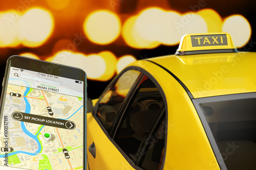 Calling taxi from mobile phone concept, yellow cab transportation network, modern smartphone with app for online taxi ordering service on screen, car with taxi sign at roof on street at night