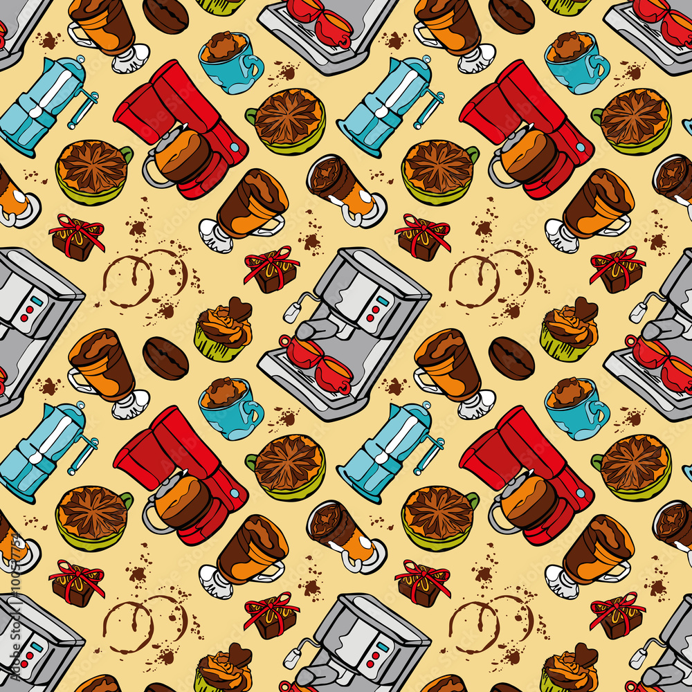 Coffee machine. Coffee pot and coffee cup. Coffee stains. Coffee splashes. Coffee dessert. Vector seamless pattern (background). Coffee machine. Coffee pot and coffee cup. Coffee stains. Coffee splashes. Coffee dessert. Vector seamless pattern (background).