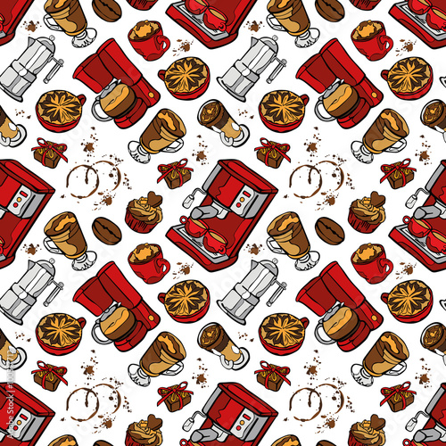 Coffee machine. Coffee pot and coffee cup. Coffee stains. Coffee splashes. Coffee dessert. Vector seamless pattern (background).