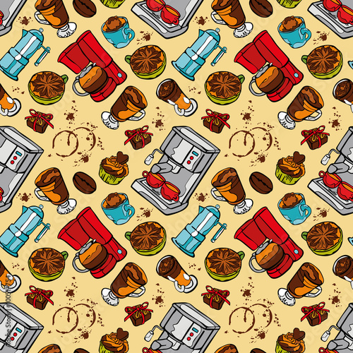 Coffee machine. Coffee pot and coffee cup. Coffee stains. Coffee splashes. Coffee dessert. Vector seamless pattern  background .