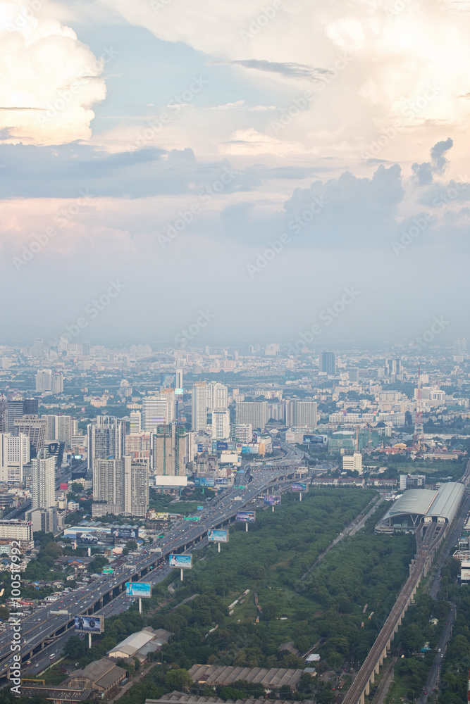 The sky above the city.Aerial view on Bangkok from Baiyoke Sky hotel