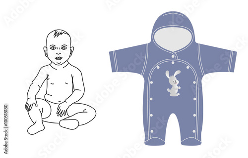 Vector illustration baby and children`s overalls. Baby clothes icon. Newborn clothing. Blue overals for a boy.