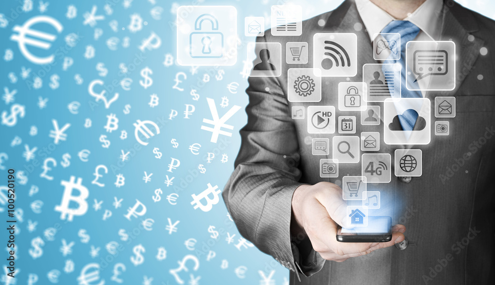 Business man using smart phone with social media icon set Business man using smart phone with social media icon set