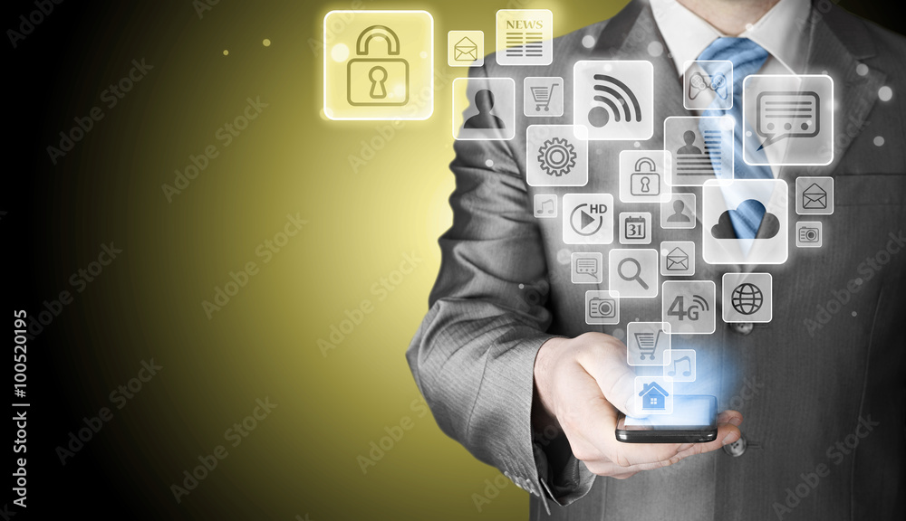 Business man using smart phone with social media icon set Business man using smart phone with social media icon set