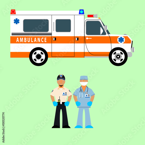 Vector illustration ambulance, ambulance driver and medical team. Rescue.