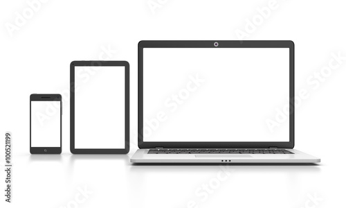 Modern Laptop, tablet and smartphone isolated on white.