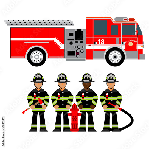 Vector illustration fire truck and fireman. Rescue.