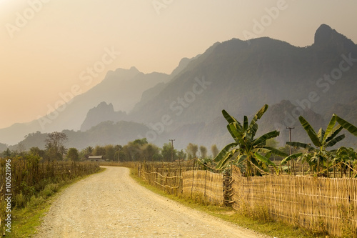 Sunset at limestone mountains of Vang Vieng, Laos