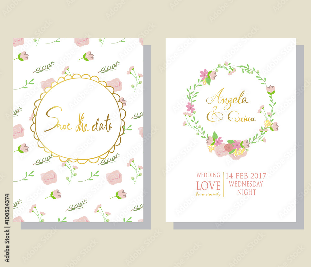 Light pink blue gold invitation card with wreath