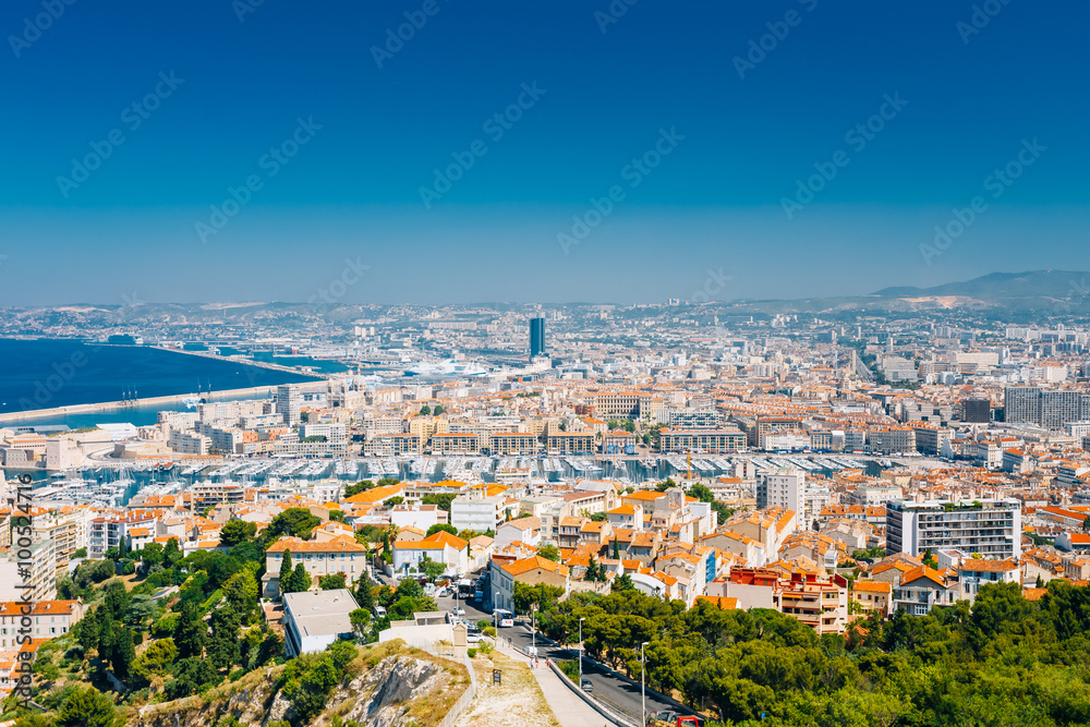 Aerial view, cityscape of Marseille, France. Sunny summer day wi