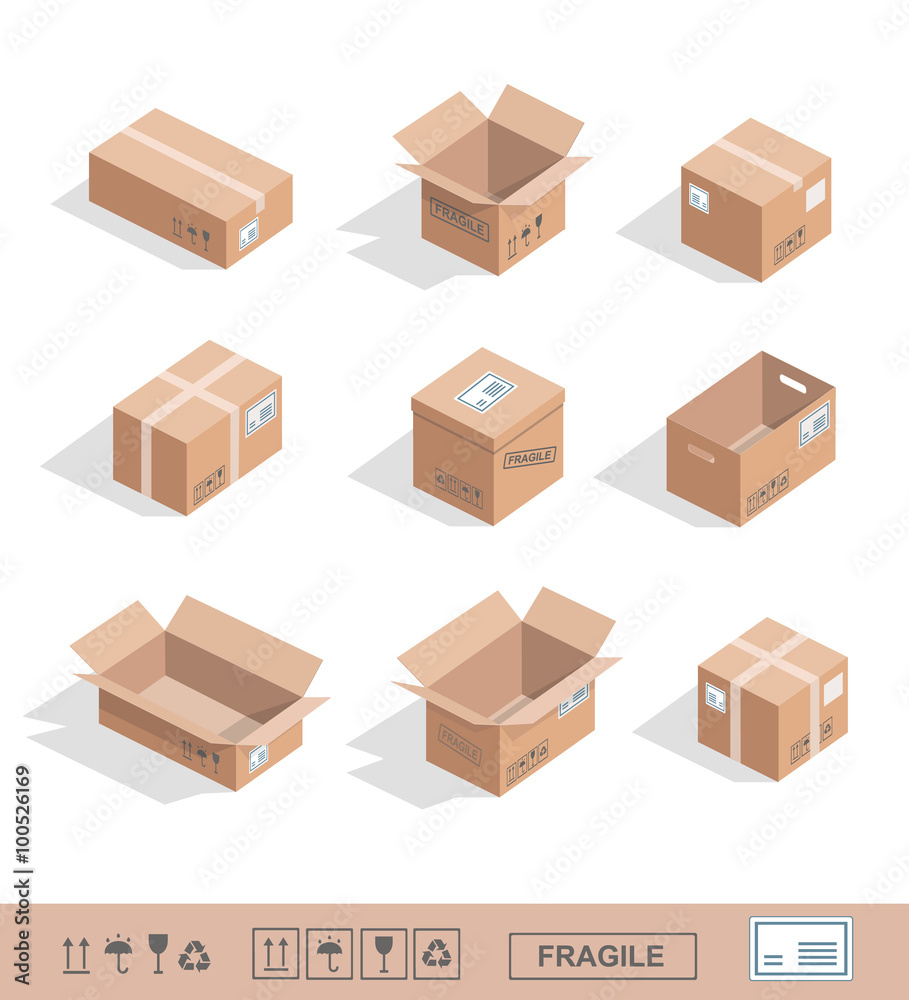 Delivery cardboard collection icons Opened, closed, sealed, cubic set isolated 