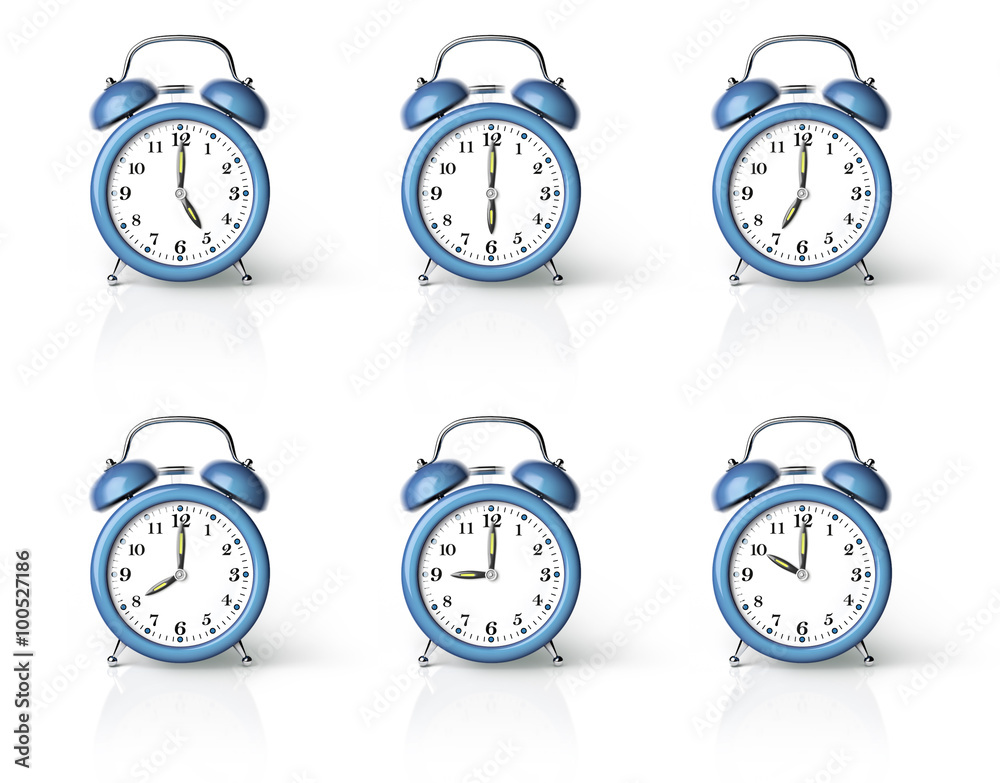 Blue ringing alarm clock isolated on white background Blue ringing alarm clock isolated on white background