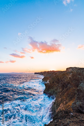 Sunrise, sea, cliffs, seascape. Okinawa, Japan. 
