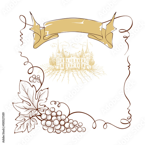 Wine label with a bunch of grapes and ribbon, vector illustration.