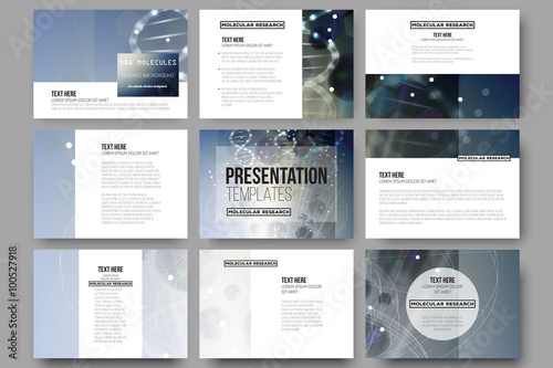 Set of 9 vector templates for presentation slides. DNA molecule structure on dark blue background. 