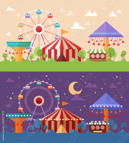 Flat Retro Funfair Scenery with amusement attractions