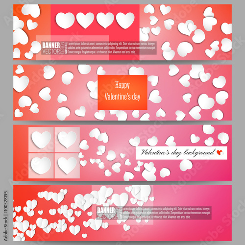 Set of modern vector banners. White paper hearts, red background for Valentines day