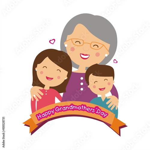 Mujer anciana con el pelo gris y sus nietos. Día de la abuela