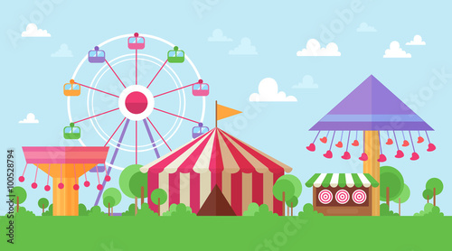 Flat Retro Funfair Scenery with amusement attractions and carousels in colorful cartoon vintage style