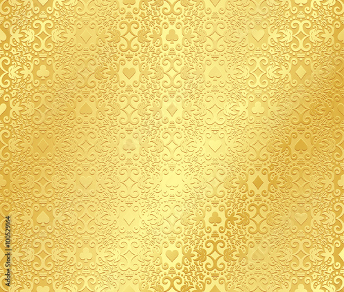 Golden poker background with dark damask pattern and cards symbols
