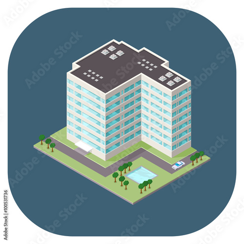 Isometric vector illustration of an office building.
Isometric modern commercial office building. For use in any city or urban environment.