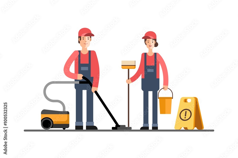 Cleaning company, service. Young cleaner woman and man in uniform. Vector illustration.