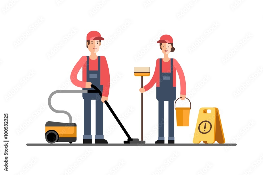 Cleaning company, service. Young cleaner woman and man in uniform. Vector illustration. Cleaning company, service. Young cleaner woman and man in uniform. Vector illustration.