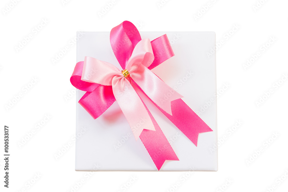 Pink ribbon bow and white gift box isolate on white with Clippin Pink ribbon bow and white gift box isolate on white with Clippin