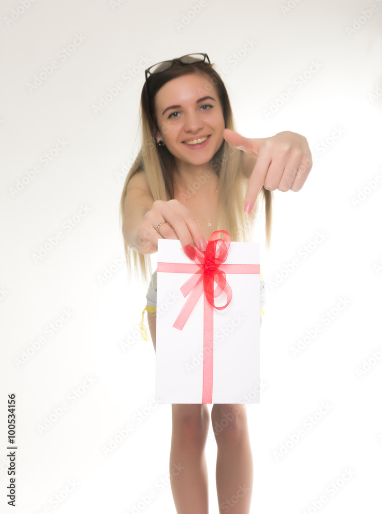 beautiful girl in lacy shorts with an envelope tied beautiful girl in lacy shorts with an envelope tied