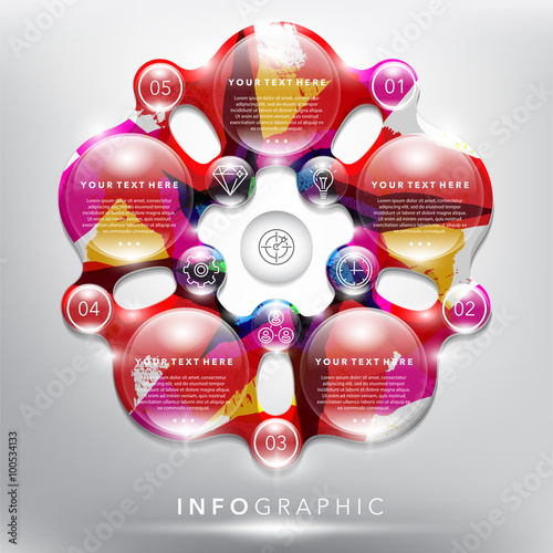 Abstract infographic with circle elements. Colorful. glossy and transparent on the white panel. Use for business concept. 5 parts concept. Vector illustration. Eps10. photo