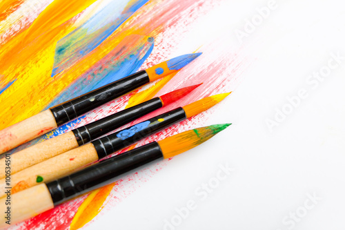 Brushes, paints, pencils for drawing