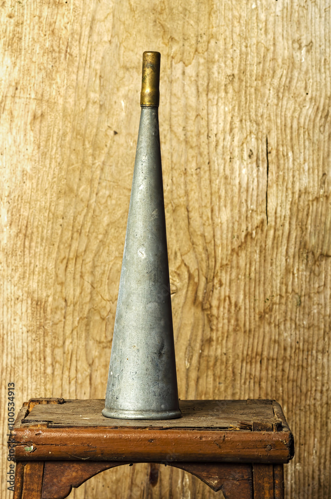old tin bugle horn of postman or chief of train station with wo Stock Photo Adobe Stock