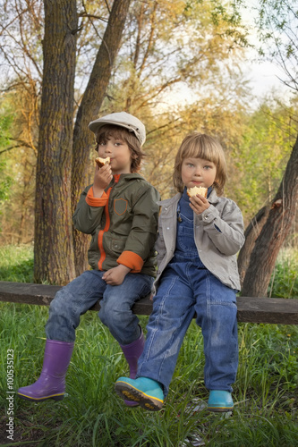 two boys on the forest bench eat bun © Chepko Danil
