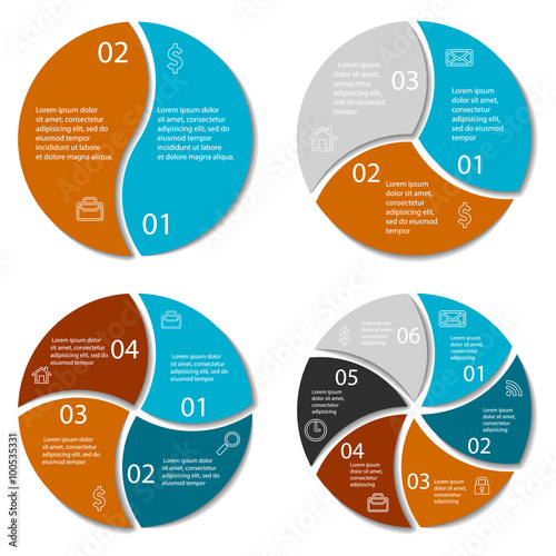Set of round infographic diagram. Circles of 2, 3, 4, 6 elements. Vector EPS10