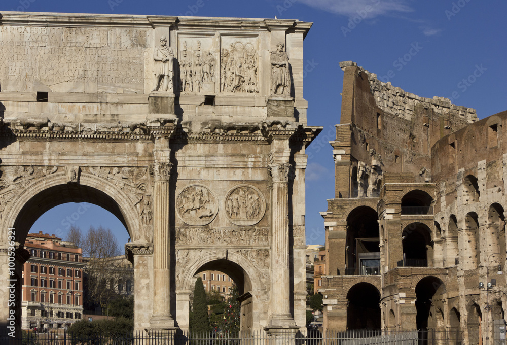 Architectural close up of the Arch of Constantine and Colosseo ancient buildings in Rome, Italy