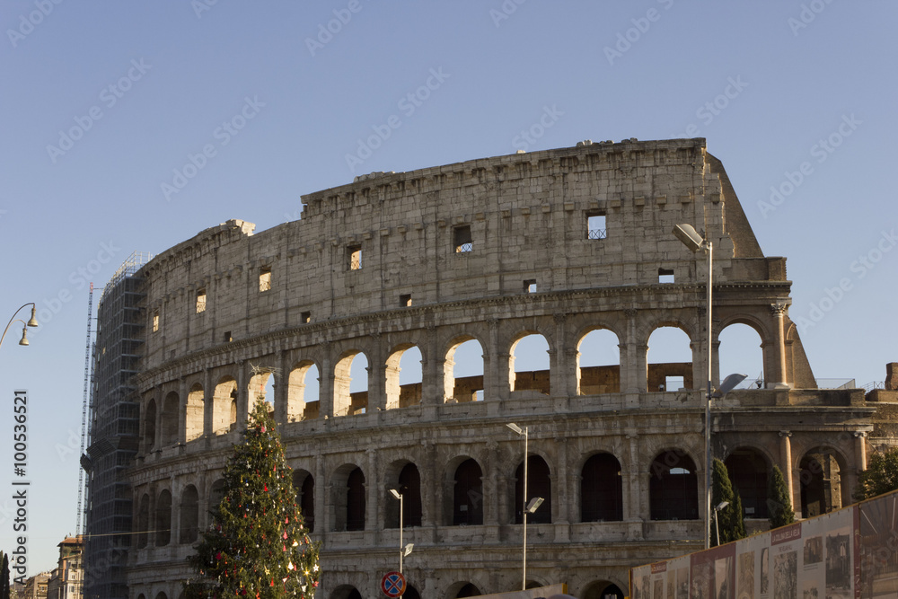The Colosseum in Rome with a Christmas Tree on its side