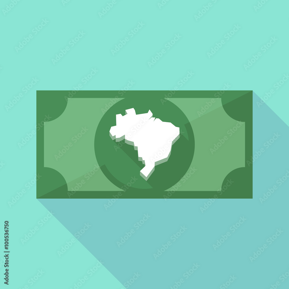 Long shadow banknote icon with  a map of Brazil