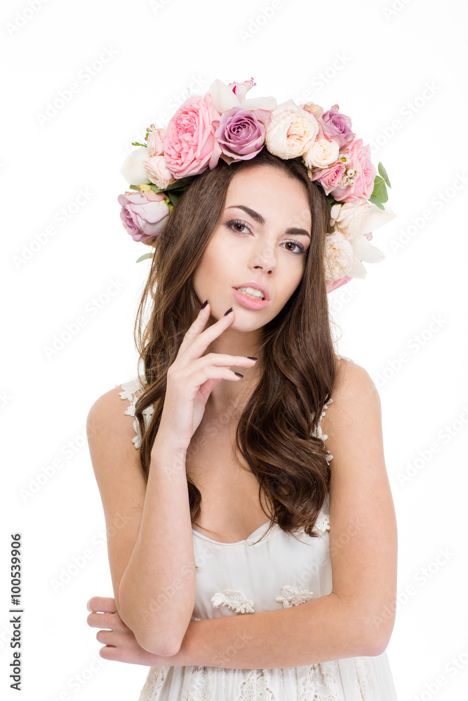 Happy woman with wreath of roses